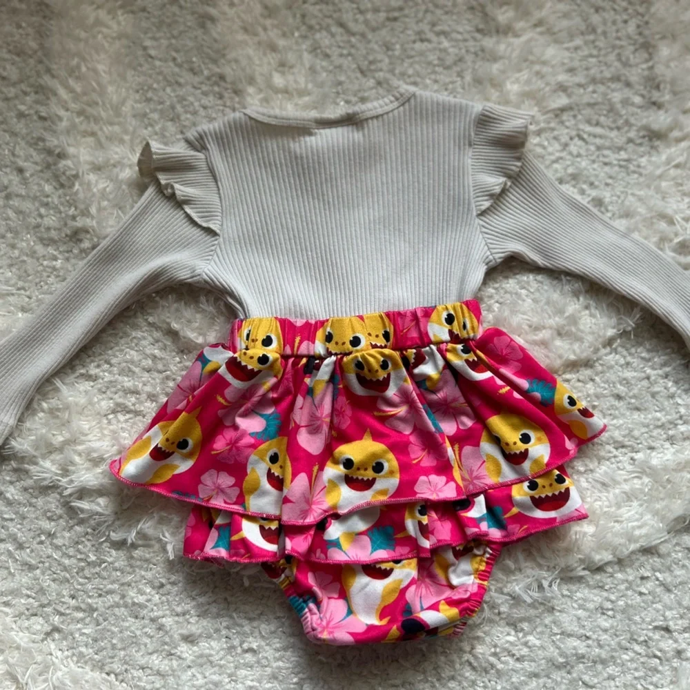 Baby Shark Pinkfong Baby Girl Outfit Set 9–12M Ruffle Bow Bubble Romper